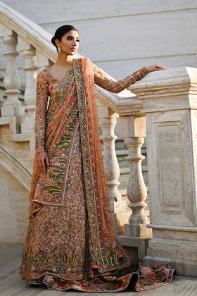 Pakistani Bridal Dress in Peach Lehenga and Gown Style